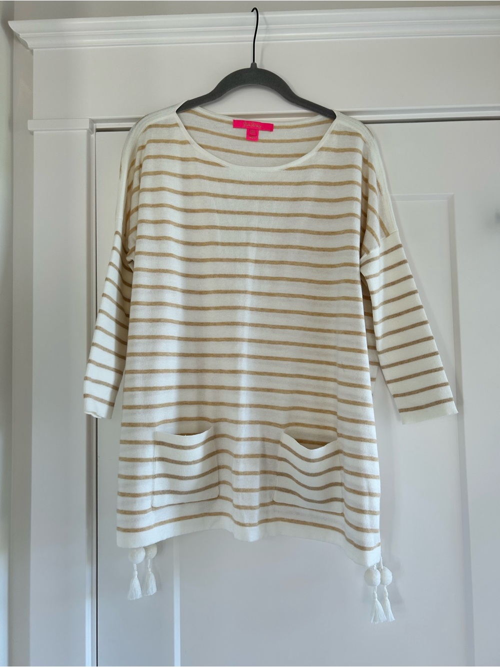 Lilly Pulitzer Cream and Tan Striped Tassel Pocket Sweater